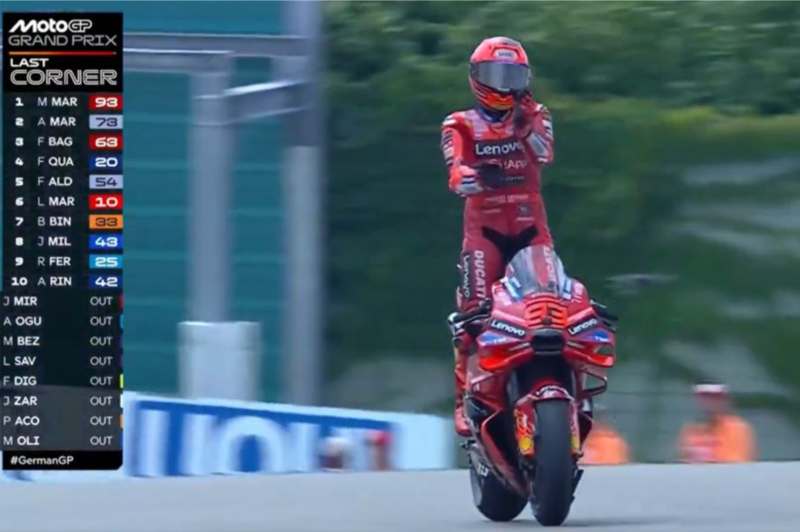 Marc Marquez joget pacu jalur aura farming usai finis tercepat di Jerman (Foto;X/@MotoGP)